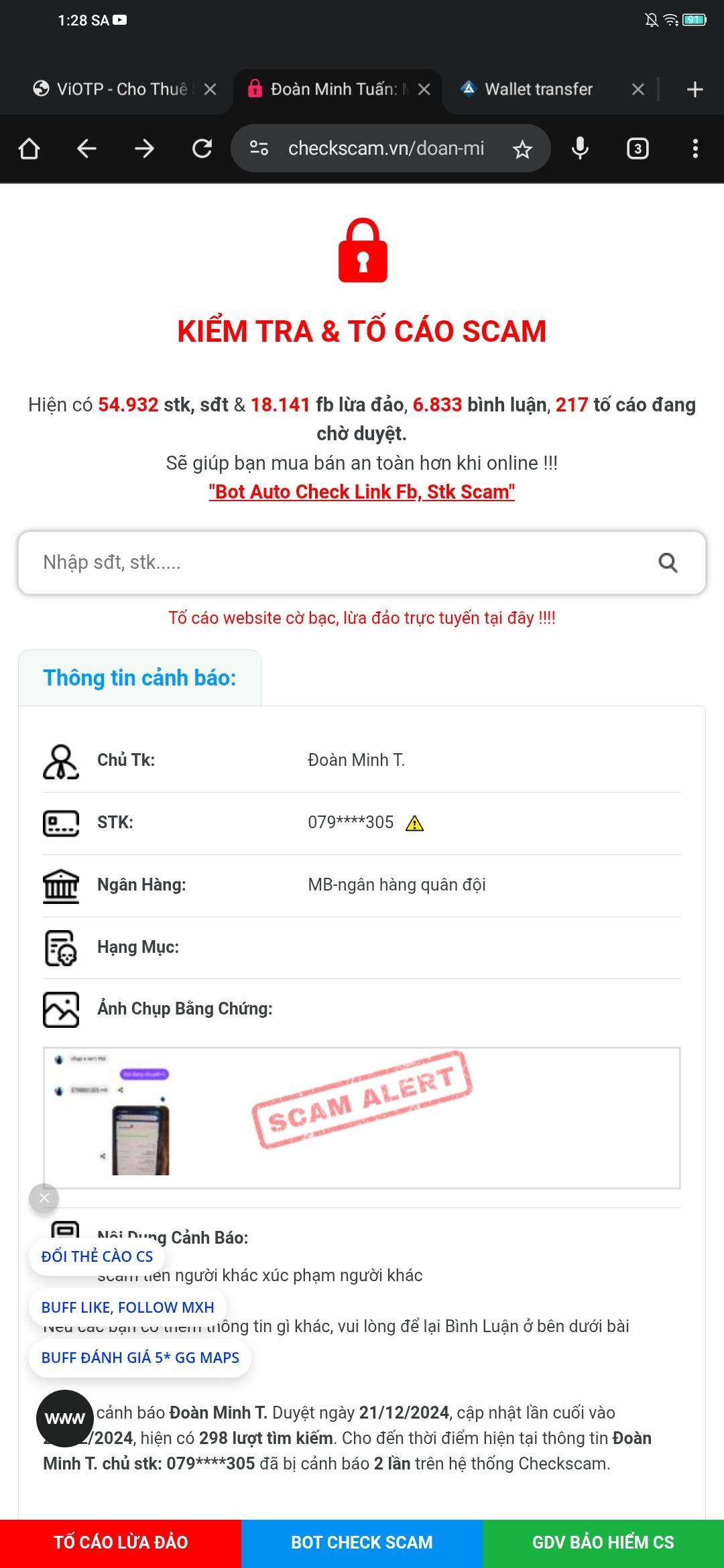 0798881305 DOAN MINH TUAN MB bị cảnh báo lừa đảo scam