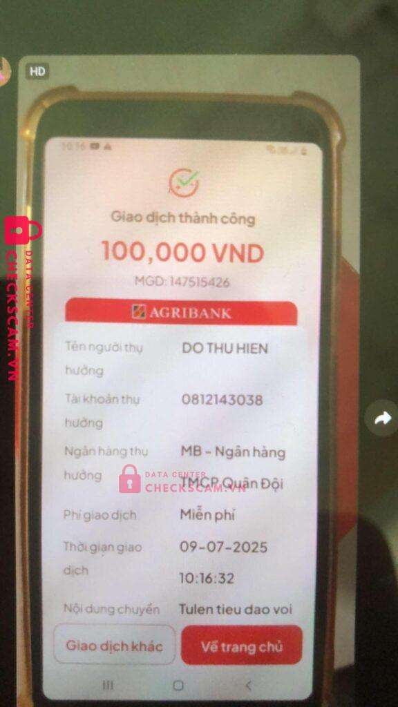 0812143038 DO THU HIEN MB bị cảnh báo lừa đảo scam