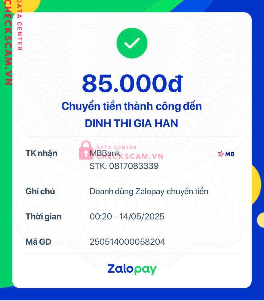 0817083339 Dinh Thi Gia Han MB bị cảnh báo lừa đảo scam