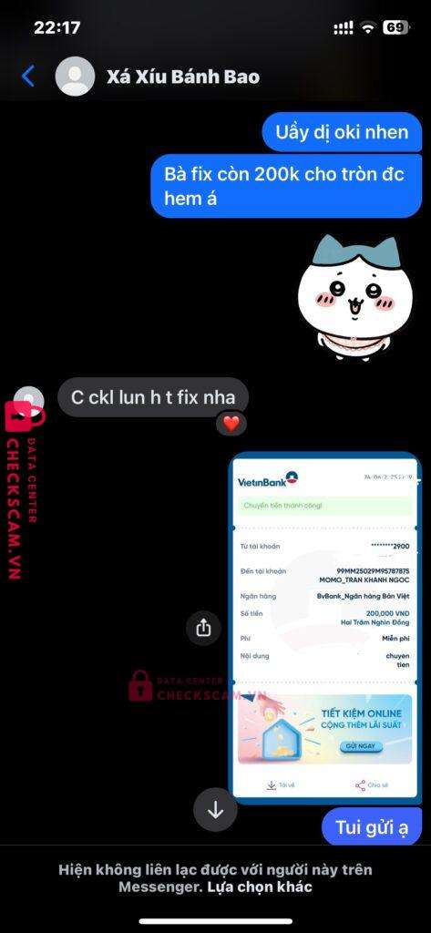 0824063263 TRAN KHANH NGOC MB bị cảnh báo lừa đảo scam
