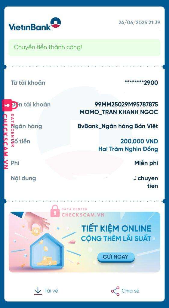 0824063263 TRAN KHANH NGOC MB bị cảnh báo lừa đảo scam