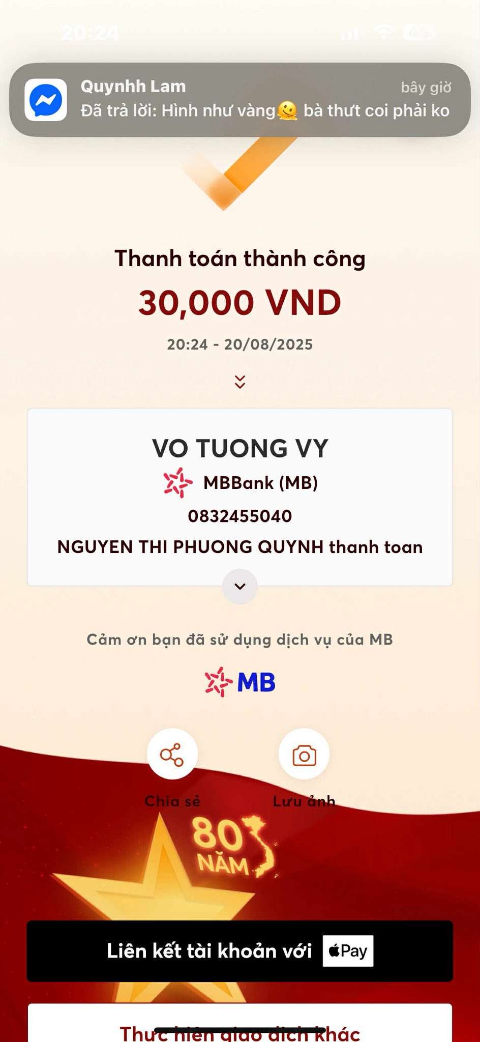 0832455040 Vo Tuong Vy MB bị cảnh báo lừa đảo scam