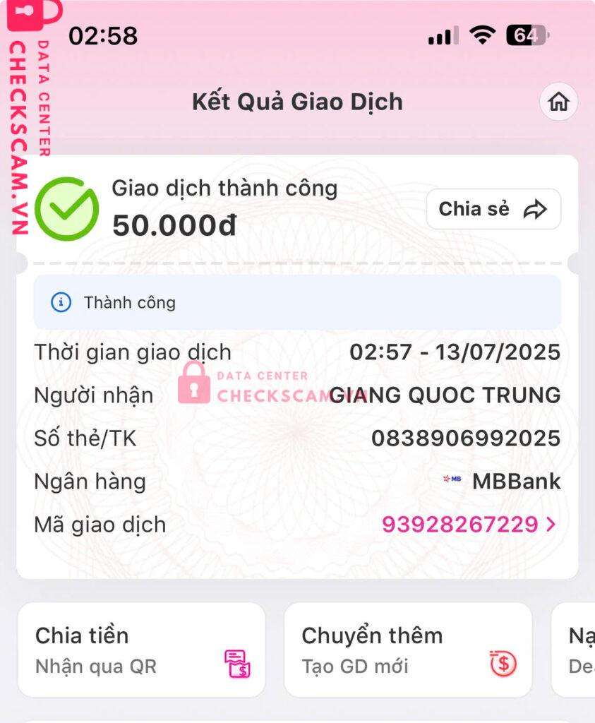 0838906992025 GIANG QUOC TRUNG MB bị cảnh báo lừa đảo scam