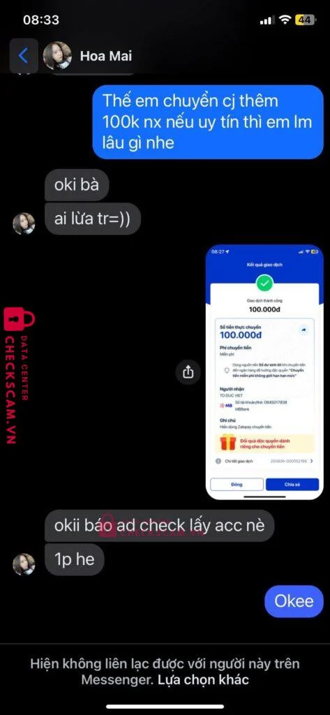 0845017838 TO DUC VIET MB bị cảnh báo lừa đảo scam
