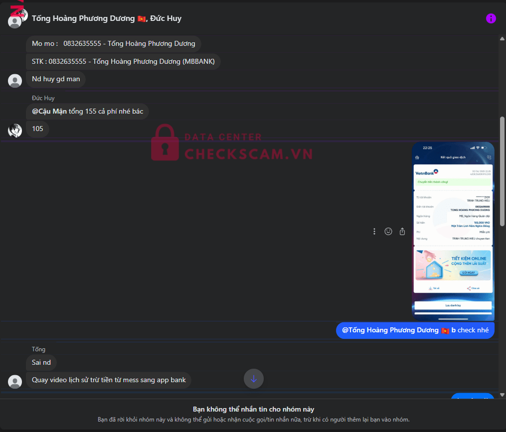 0852671136 LE VIET DUC HUY MB bị cảnh báo lừa đảo scam