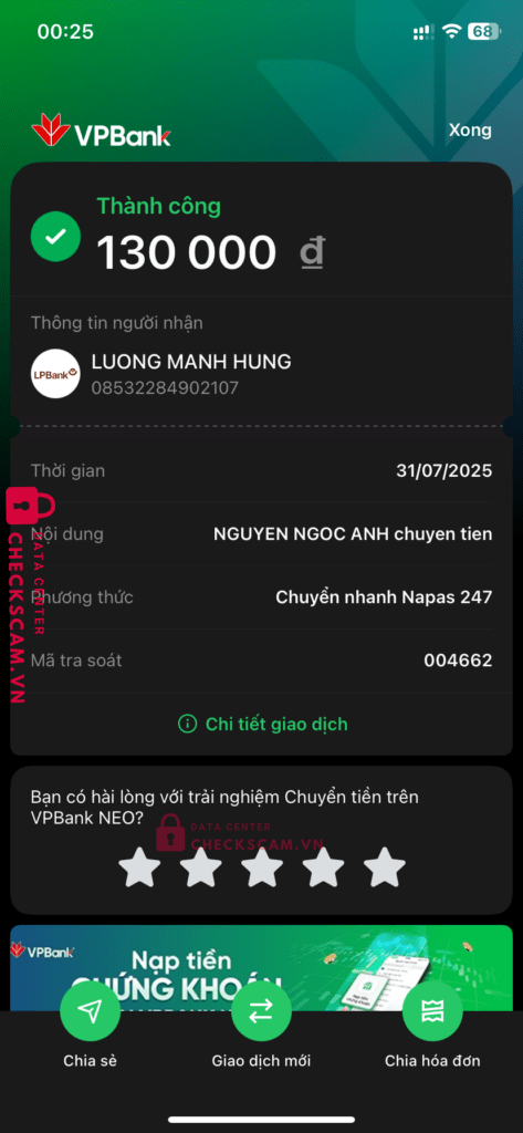 08532284902107 LUONG MANH HUNG LP Bank bị cảnh báo lừa đảo scam