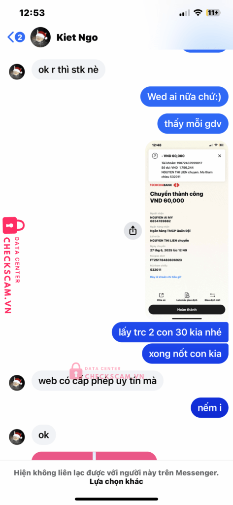 0854789882 NGUYEN AI MY MB bị cảnh báo lừa đảo scam