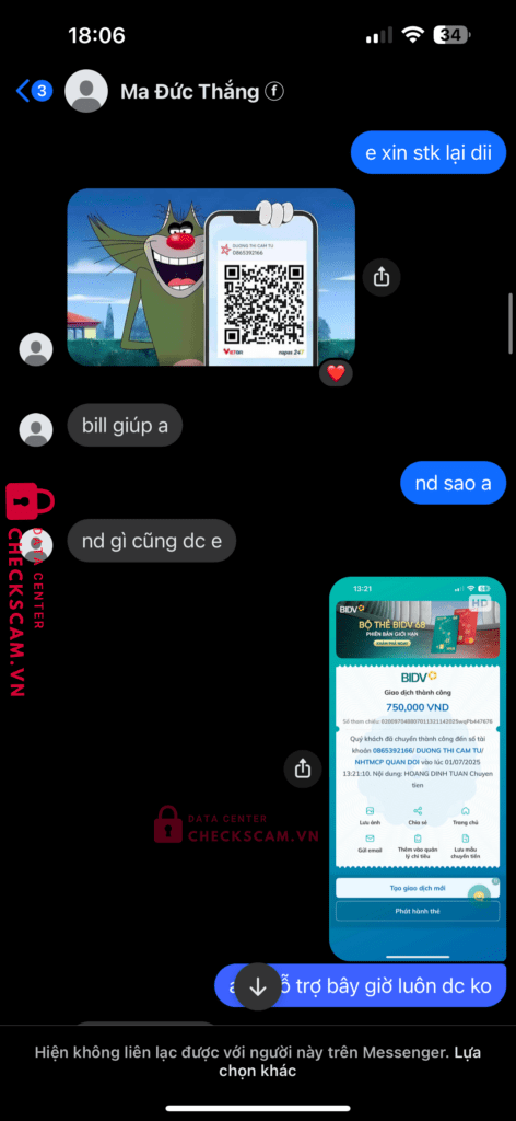 0865392166 DUONG THI CAM TU MB bị cảnh báo lừa đảo scam