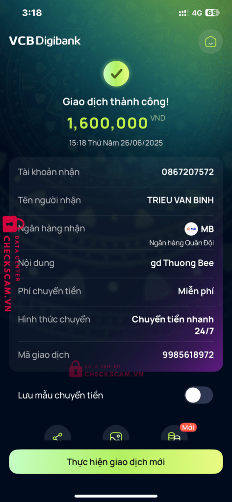 0867207572 TRIEU VAN BINH MB bị cảnh báo lừa đảo scam