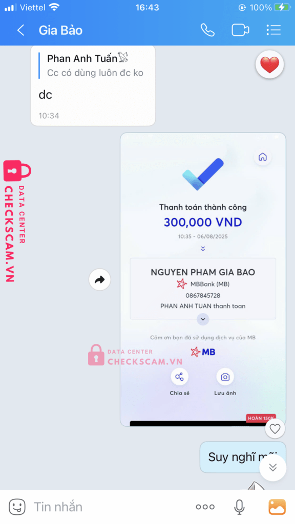 0867845728 NGUYEN PHAM GIA BAO MB bị cảnh báo lừa đảo scam