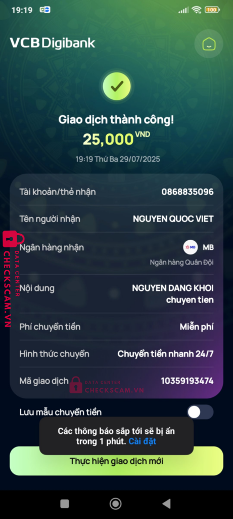0868835096 NGUYEN QUOC VIET MB bị cảnh báo lừa đảo scam