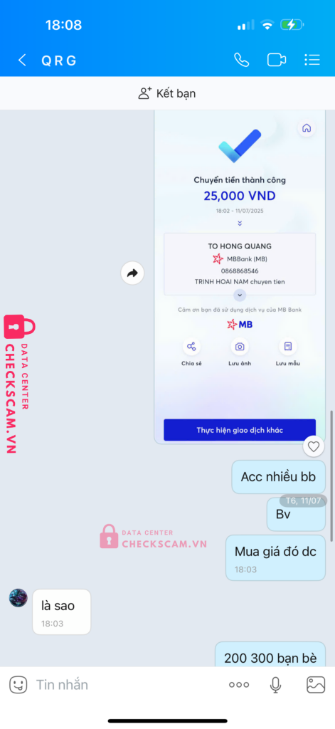 0868868546 TO HONG QUANG MB bị cảnh báo lừa đảo scam
