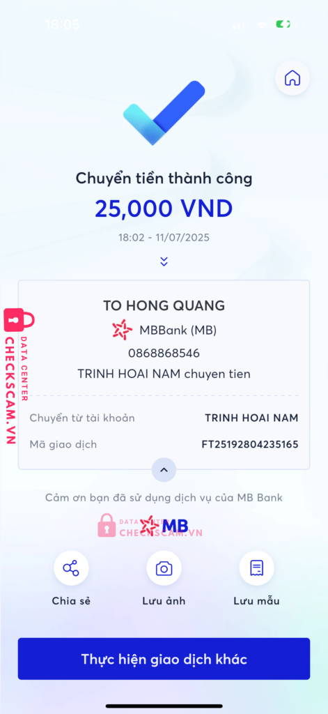 0868868546 TO HONG QUANG MB bị cảnh báo lừa đảo scam