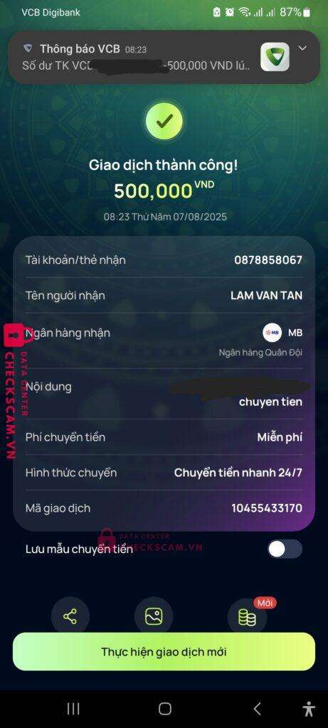 0878858067 LAM VAN TAN MB bị cảnh báo lừa đảo scam