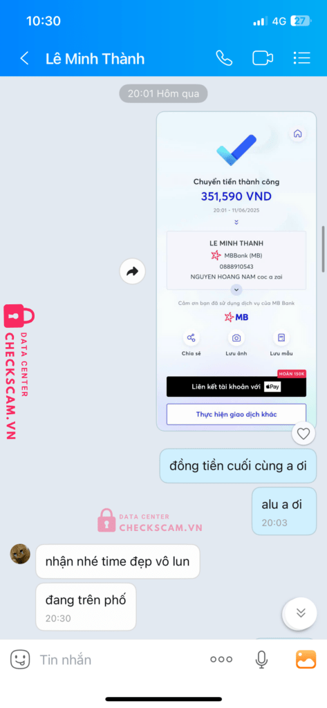 0888910543 LE MINH THANH MB bị cảnh báo lừa đảo scam