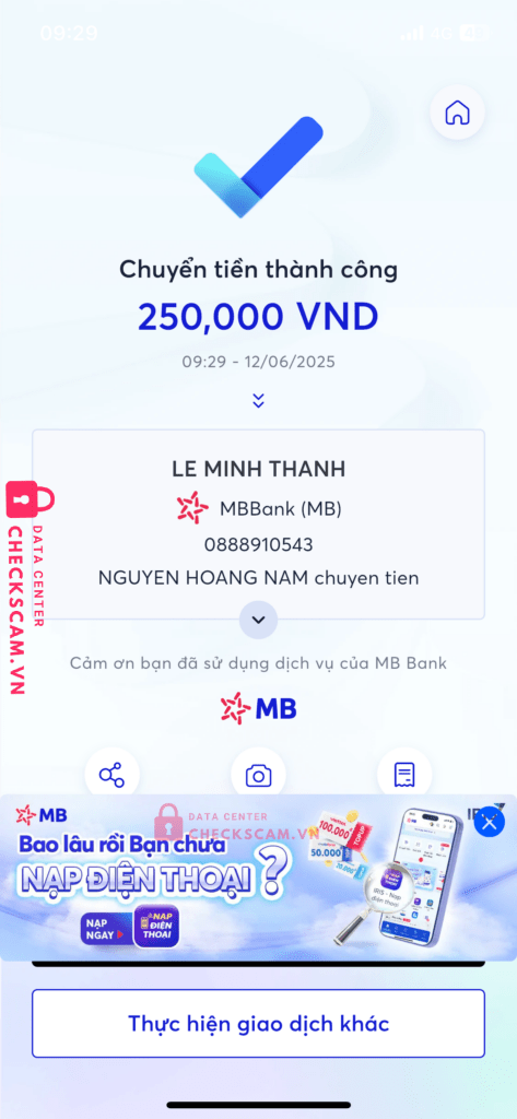 0888910543 LE MINH THANH MB bị cảnh báo lừa đảo scam