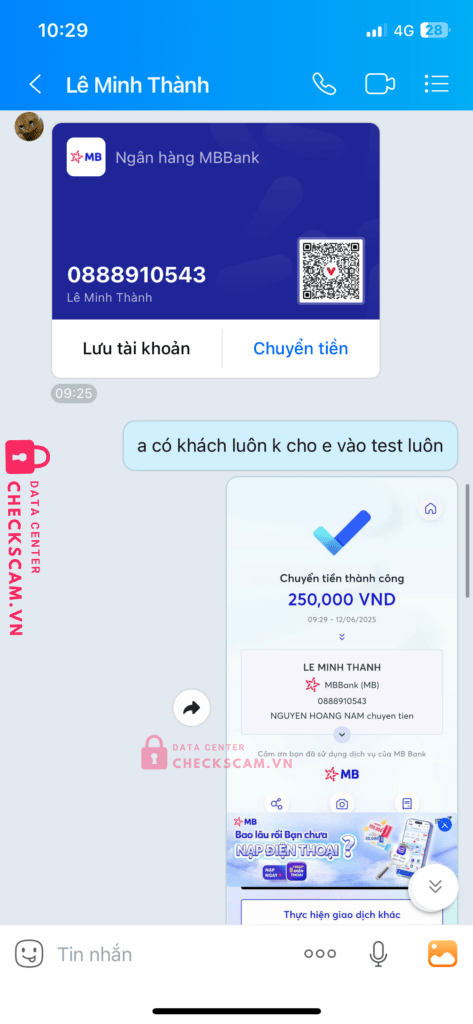 0888910543 LE MINH THANH MB bị cảnh báo lừa đảo scam
