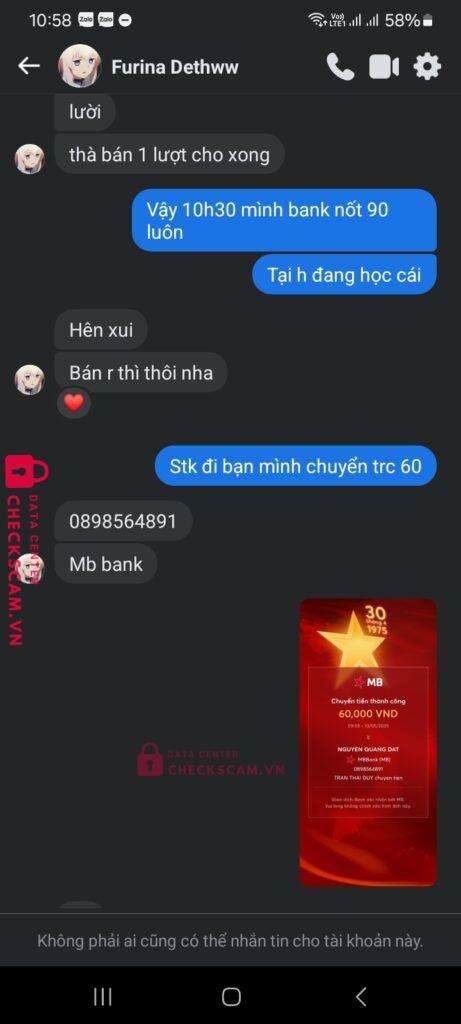 0898564891 Nguyen Quang Dat MB bị cảnh báo lừa đảo scam