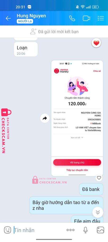 0903439885 Nguyen Cung Gia Hung MB bị cảnh báo lừa đảo scam