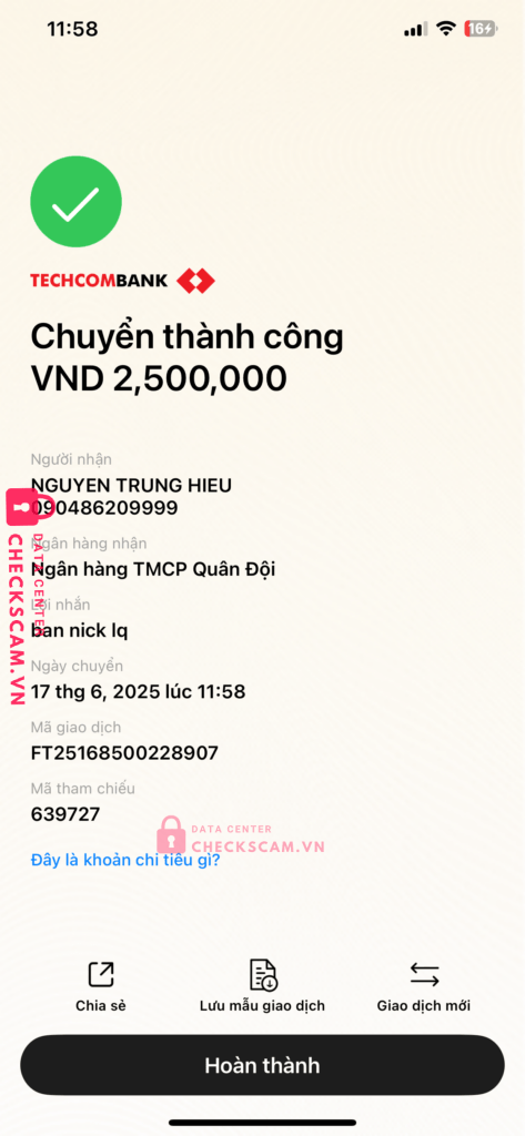 090486209999 NGUYEN TRUNG HIEU MB bị cảnh báo lừa đảo scam