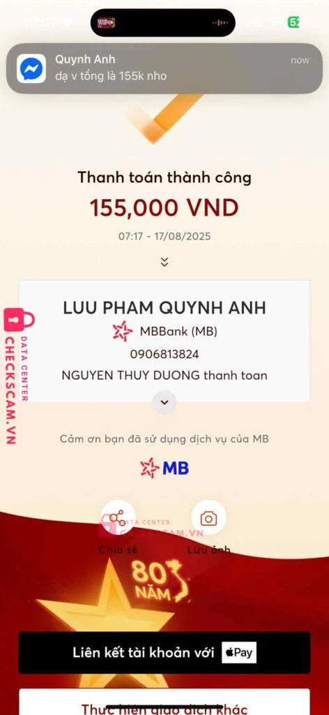 0906813824 LUU PHAM QUYNH ANH MB bị cảnh báo lừa đảo scam