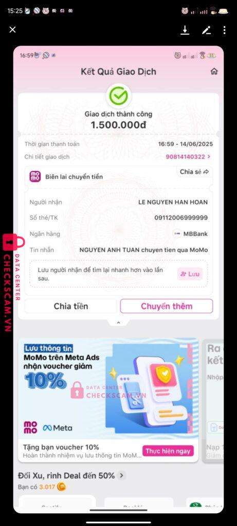 09112006999999 LE NGUYEN HAN HOAN MB bị cảnh báo lừa đảo scam