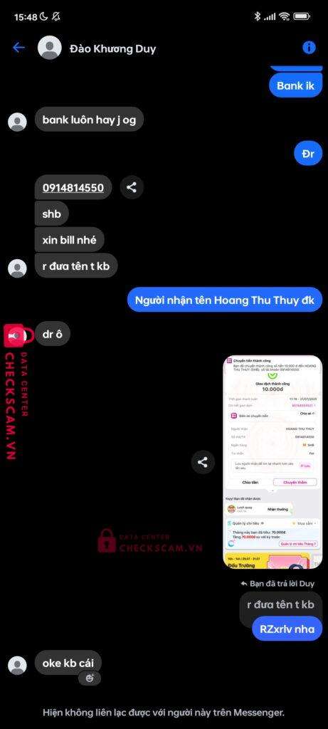 0914814550 HOANG THU THUY SHB bị cảnh báo lừa đảo scam