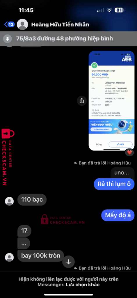 0942040157 Hoang Huu Tien Nhan MB bị cảnh báo lừa đảo scam