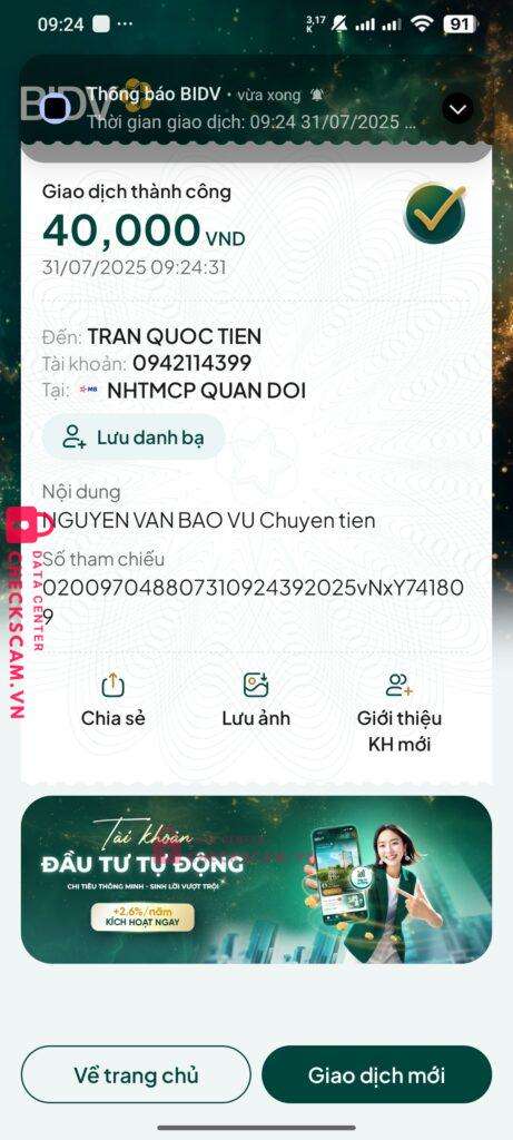 0942114399 TRAN QUOC TIEN MB bị cảnh báo lừa đảo scam