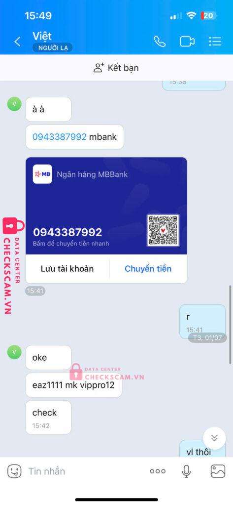 0943387992 LUONG QUOC VIET MB bị cảnh báo lừa đảo scam