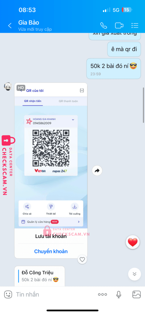 0945862009 HOANG GIA KHANG MB bị cảnh báo lừa đảo scam