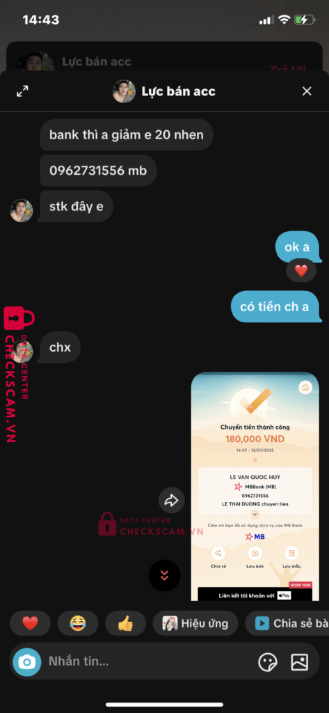 0962731556 LE VAN QUOC HUY MB bị cảnh báo lừa đảo scam