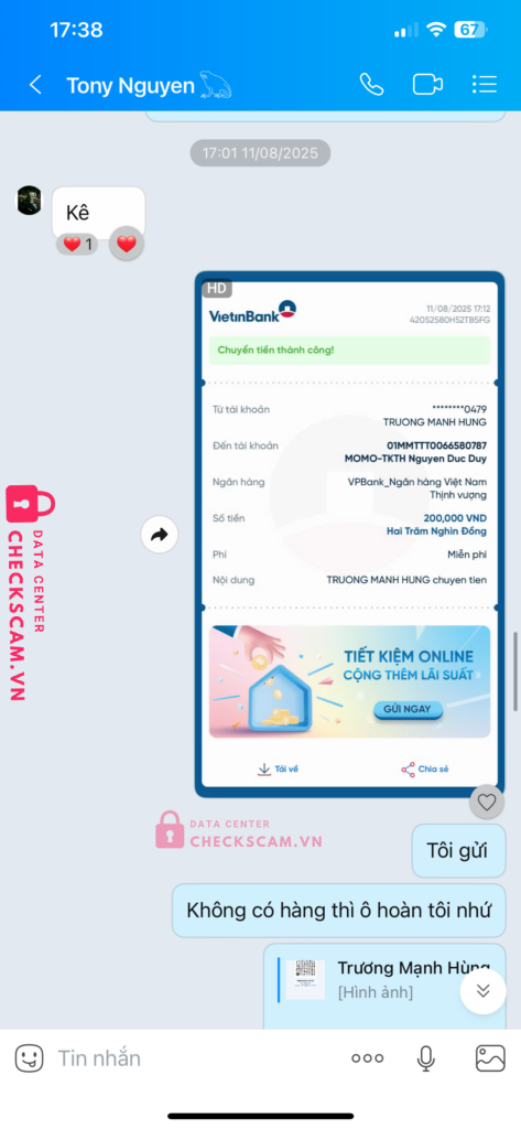 0966080507 NGUYEN DUC DUY MB bị cảnh báo lừa đảo scam