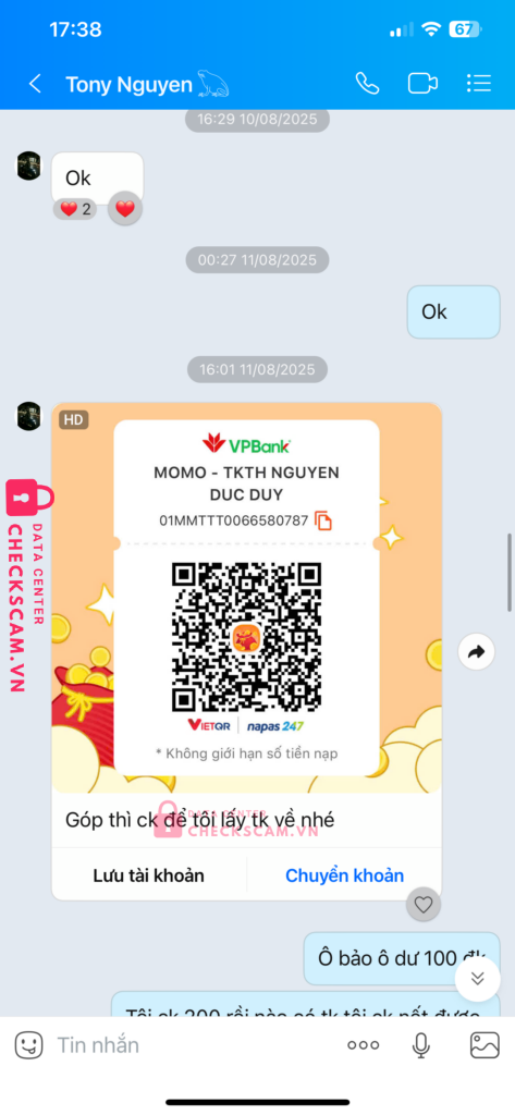 0966080507 NGUYEN DUC DUY MB bị cảnh báo lừa đảo scam