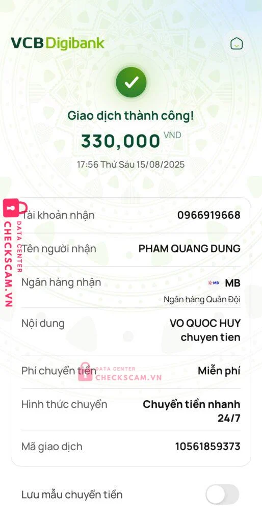 0966919668 PHAM QUANG DUNG MB bị cảnh báo lừa đảo scam