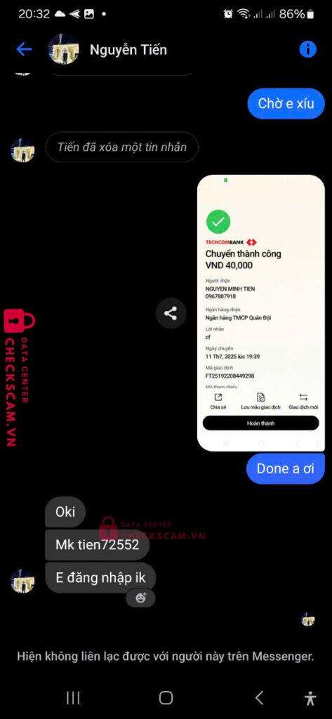 0967887918 NGUYEN MINH TIEN MB bị cảnh báo lừa đảo scam