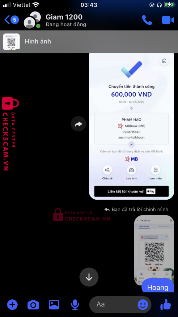 0968715640 PHAM HAO MB bị cảnh báo lừa đảo scam