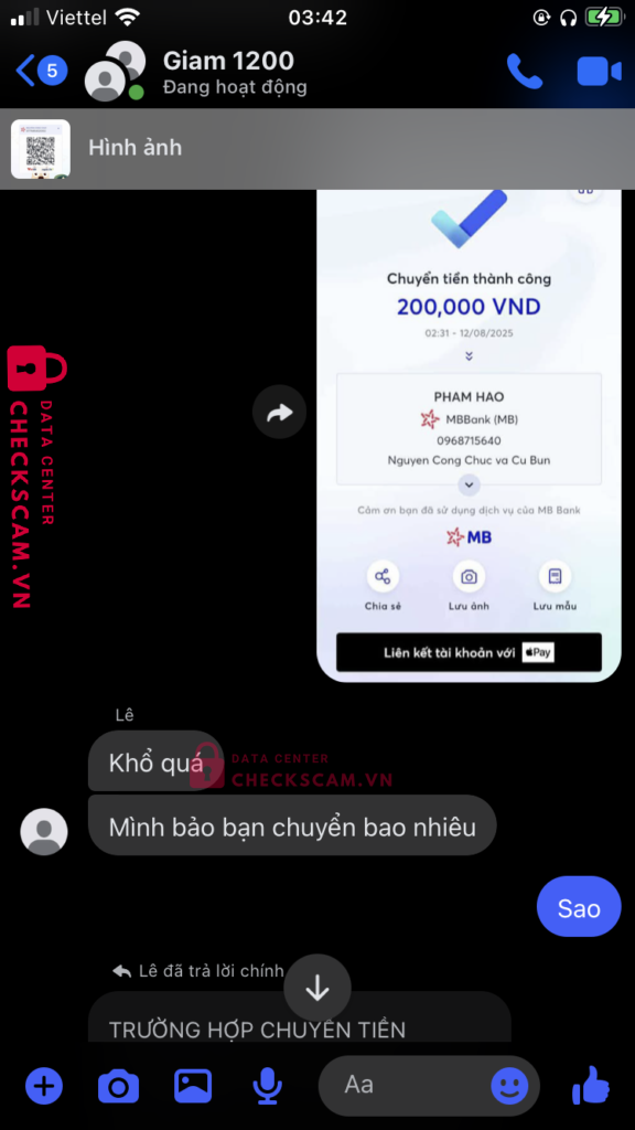 0968715640 PHAM HAO MB bị cảnh báo lừa đảo scam