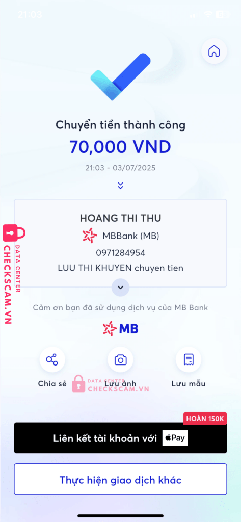 0971284954 HOANG THI THU MB bị cảnh báo lừa đảo scam