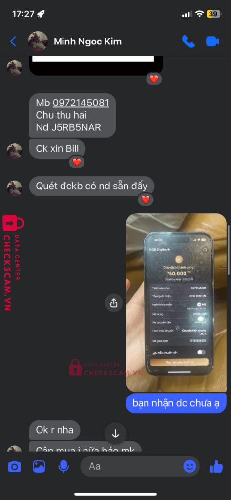 0972145081 CHU THU HAI MB bị cảnh báo lừa đảo scam