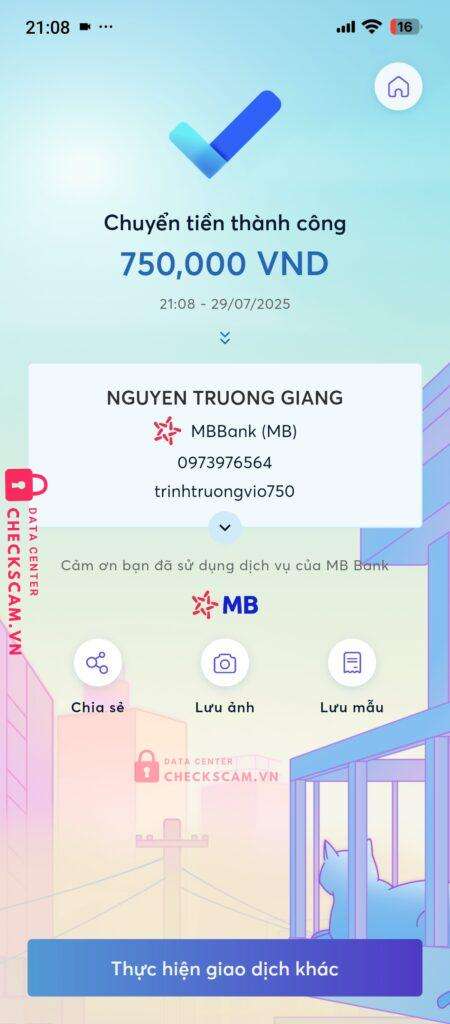0973976564 NGUYEN TRUONG GIANG MB bị cảnh báo lừa đảo scam