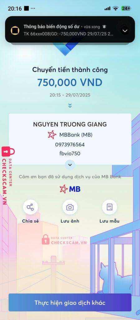 0973976564 NGUYEN TRUONG GIANG MB bị cảnh báo lừa đảo scam