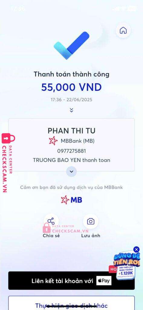 0977275881 PHAN THI TU MB bị cảnh báo lừa đảo scam