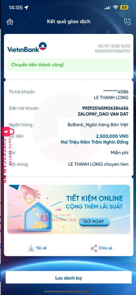 0981716022 DAO VAN DAT Zalo Pay bị cảnh báo lừa đảo scam