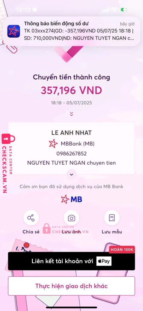 0986267852 LE ANH NHAT MB bị cảnh báo lừa đảo scam