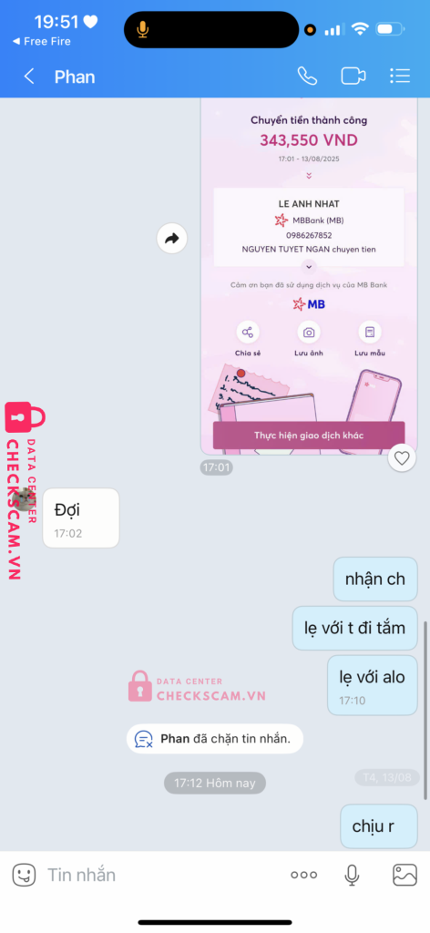 0986267852 LE ANH NHAT MB bị cảnh báo lừa đảo scam