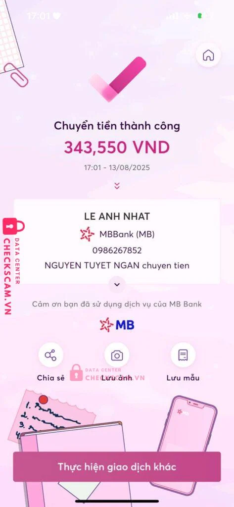 0986267852 LE ANH NHAT MB bị cảnh báo lừa đảo scam