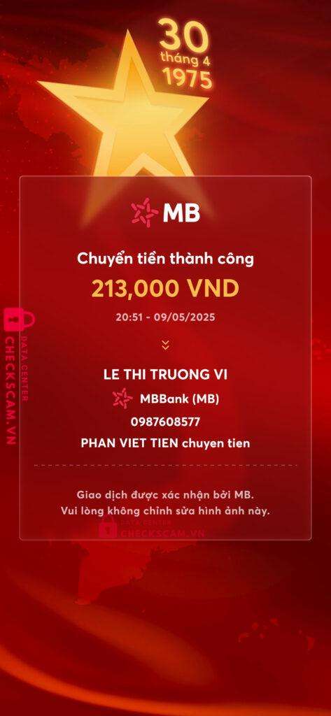 0987608577 Le Thi Truong Vi MB bị cảnh báo lừa đảo scam