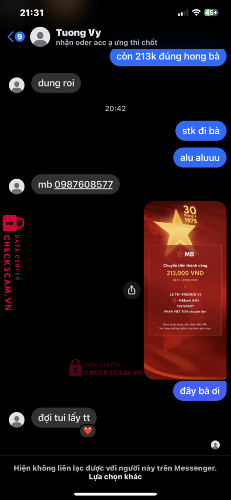 0987608577 Le Thi Truong Vi MB bị cảnh báo lừa đảo scam
