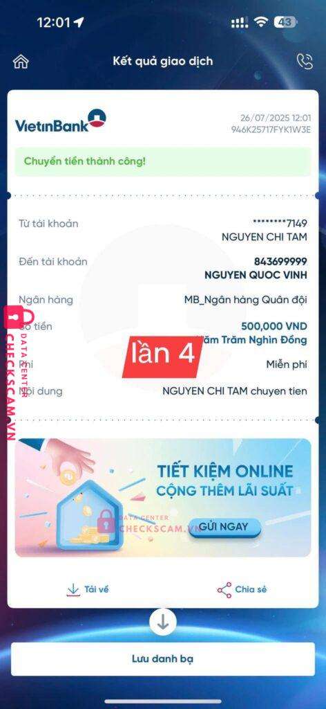 0988419999 NGUYEN QUOC VINH MB bị cảnh báo lừa đảo scam